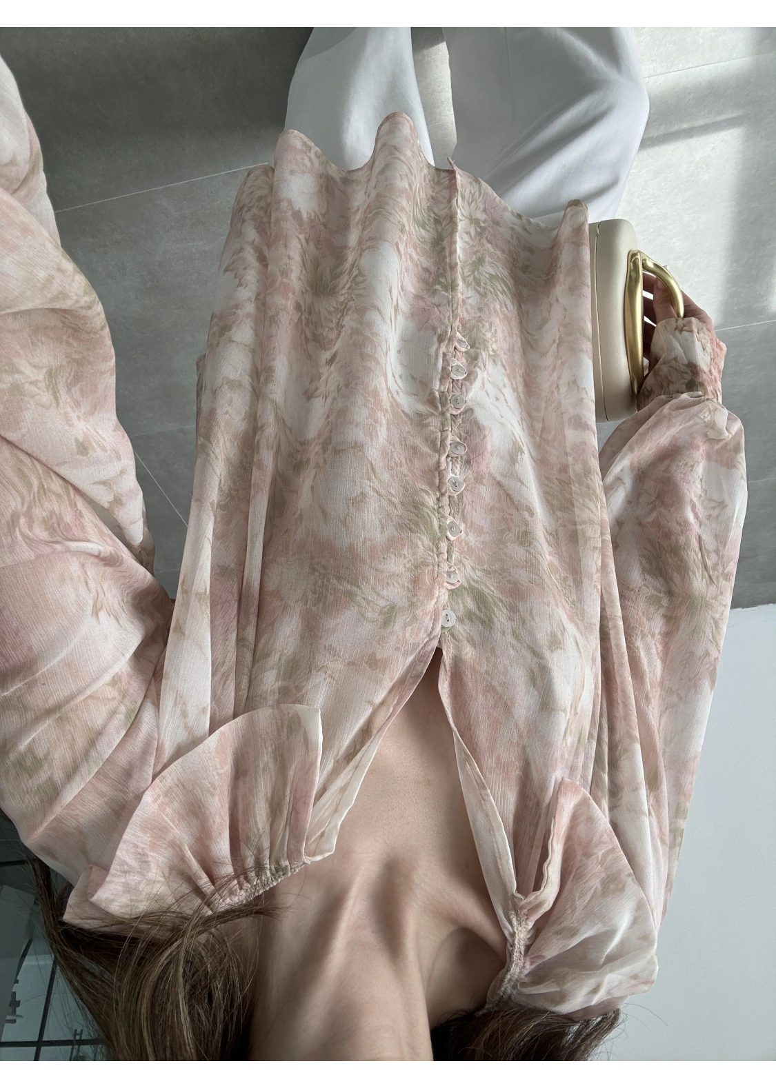 Arka Beli Büzgülü Vintage Pembe Şifon Bluz