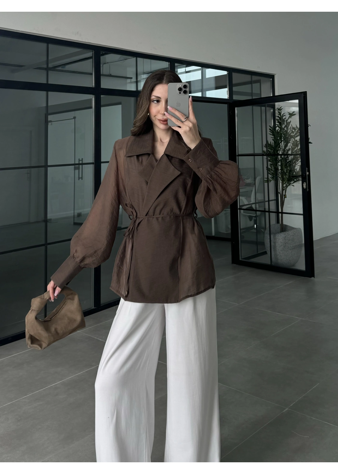 Kuşaklı Balonkol Kahve Tül Bluz