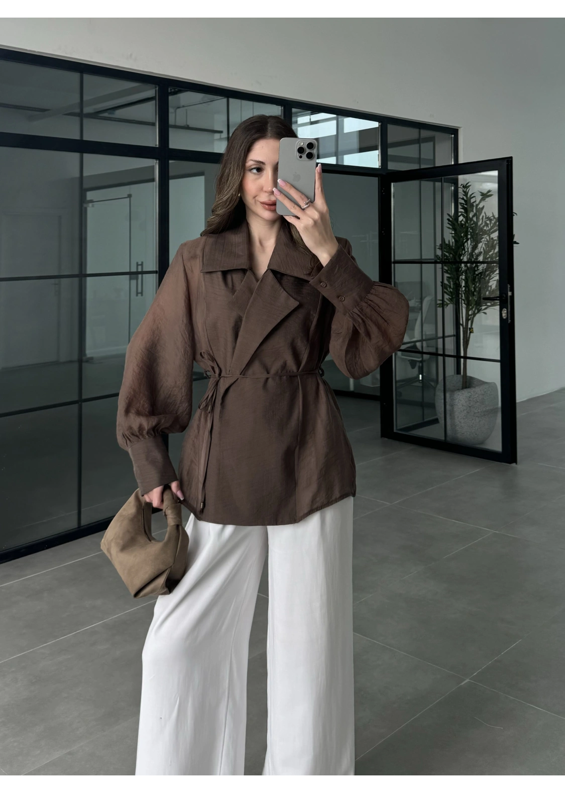 Kuşaklı Balonkol Kahve Tül Bluz