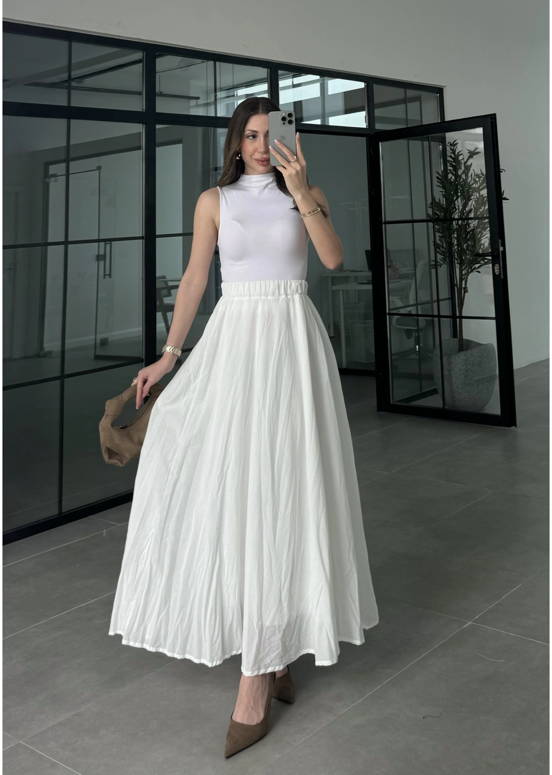 Vual Beli Lastikli Beyaz Kraş Etek