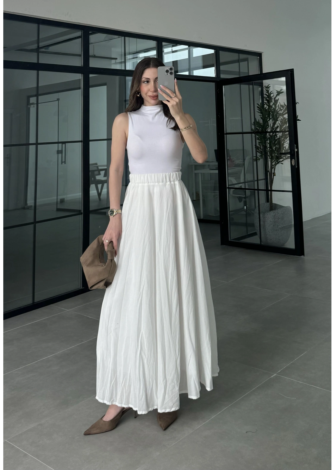 Vual Beli Lastikli Beyaz Kraş Etek