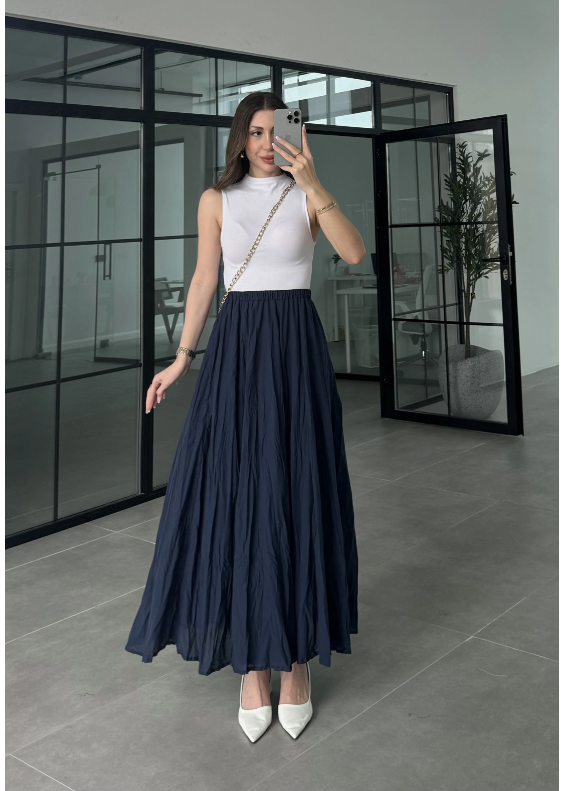 Vual Beli Lastikli Lacivert Kraş Etek