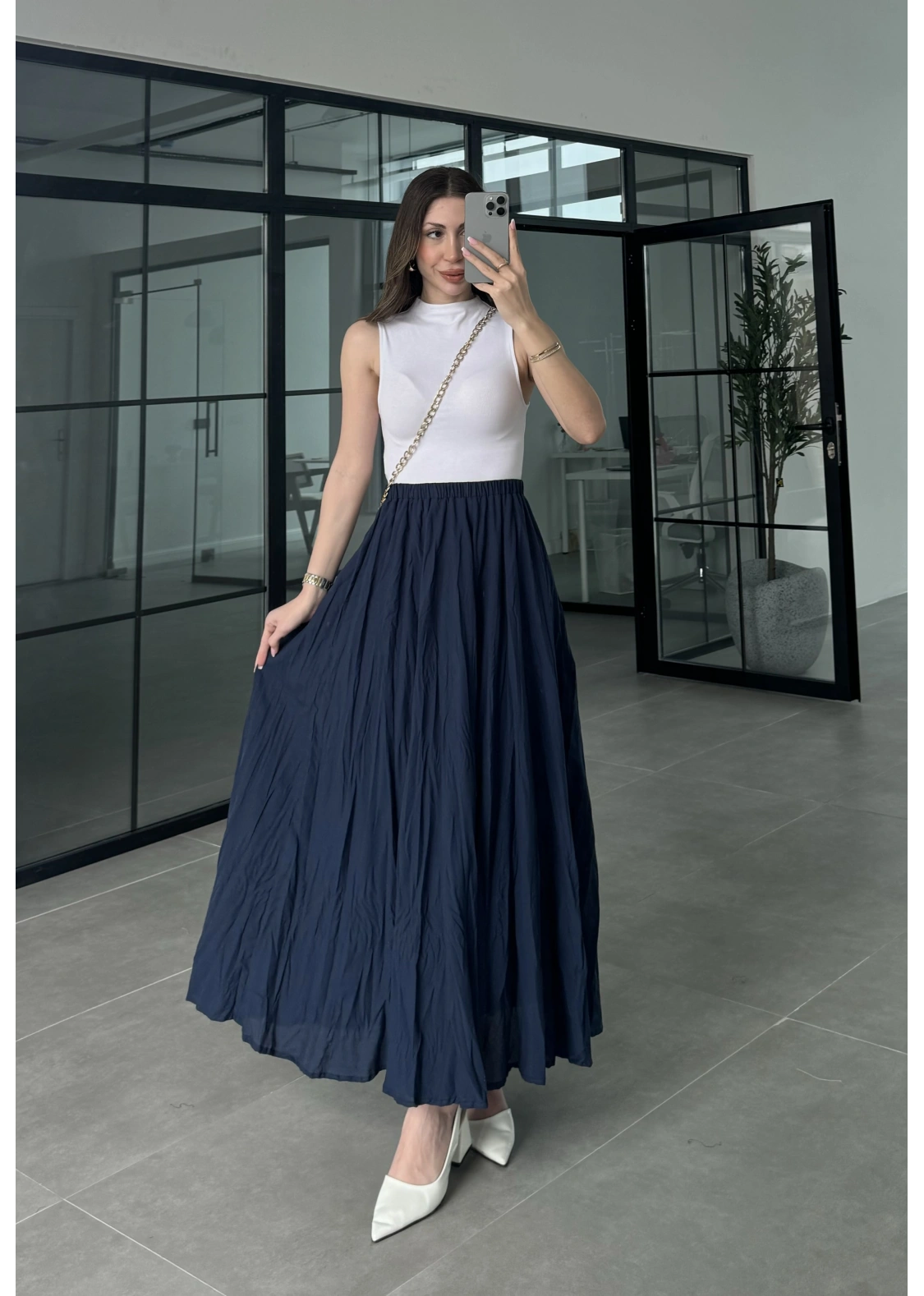 Vual Beli Lastikli Lacivert Kraş Etek