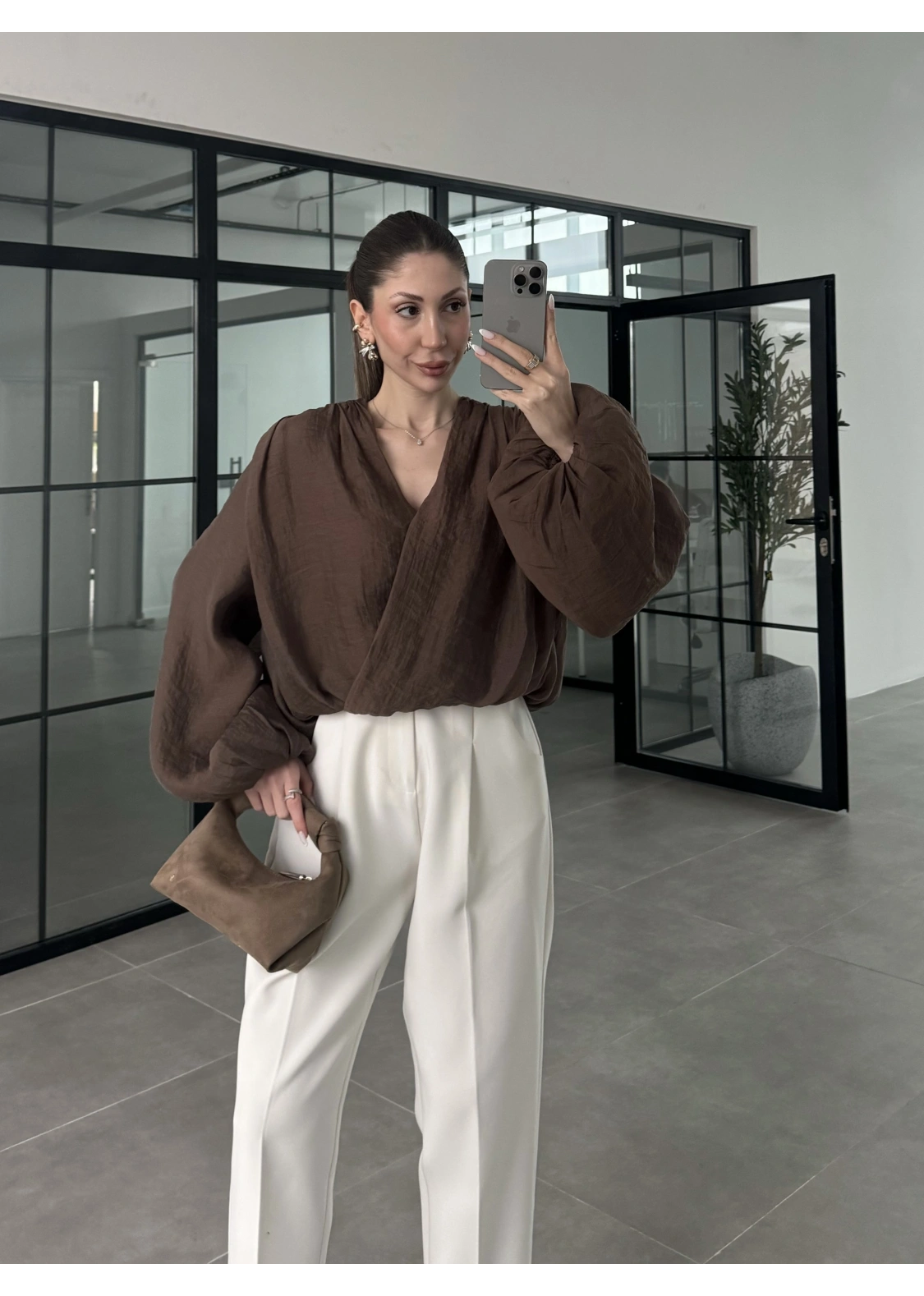 Kruvaze Vatkalı Tül Kahve Bluz