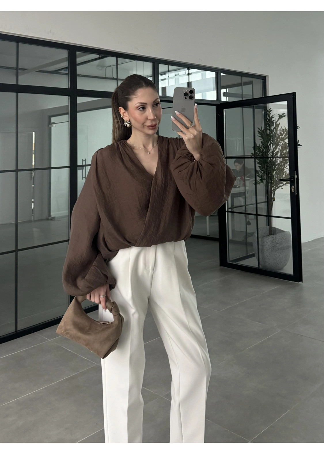 Kruvaze Vatkalı Tül Kahve Bluz