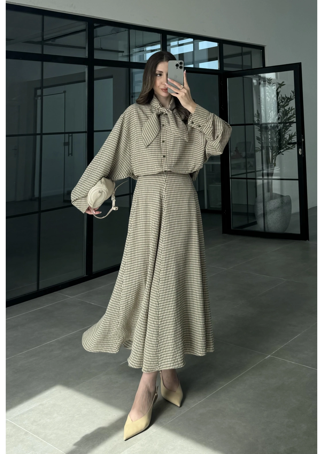 Ekose Fularlı Bej Haki Gömlek Takım