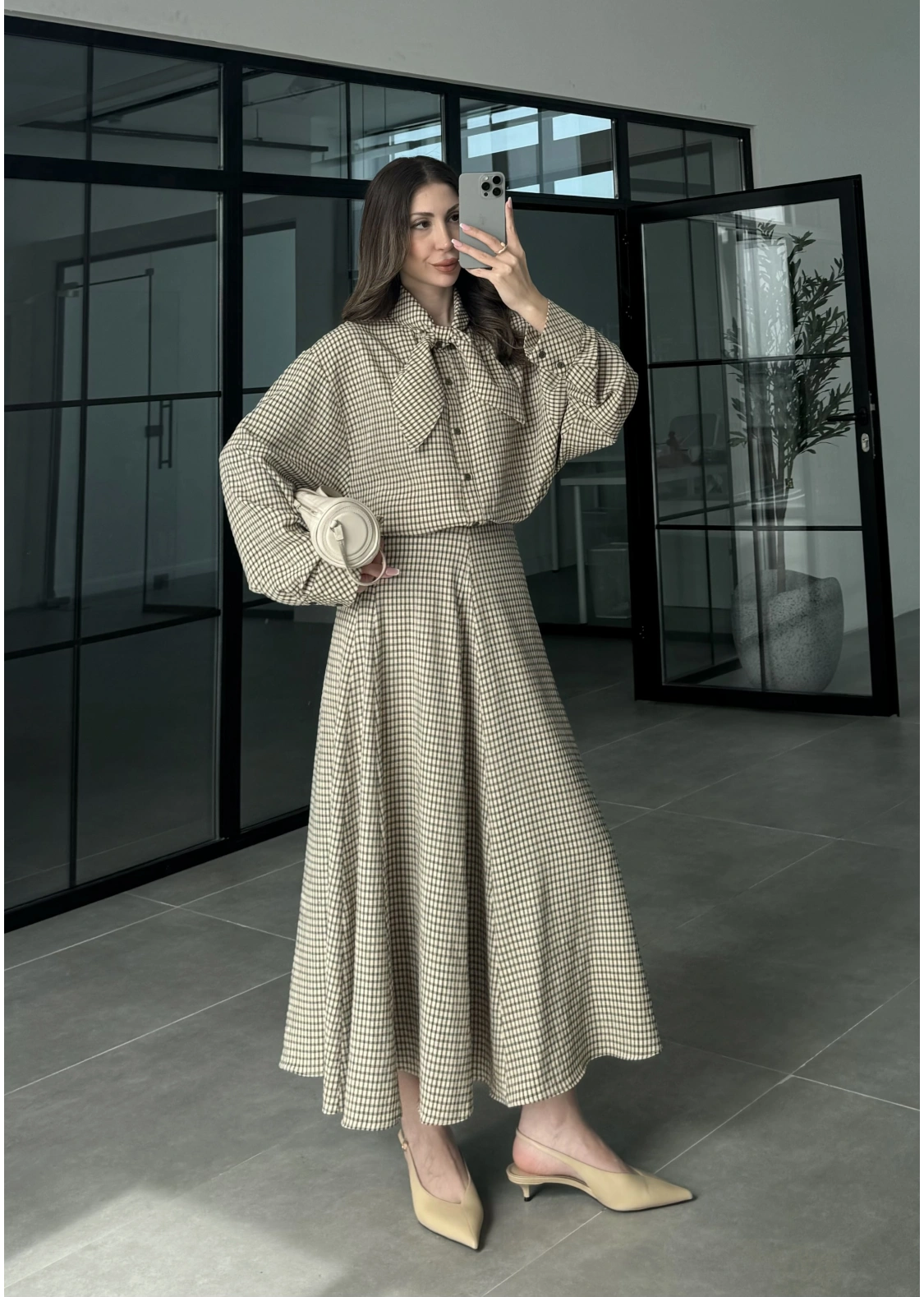 Ekose Fularlı Bej Haki Gömlek Takım