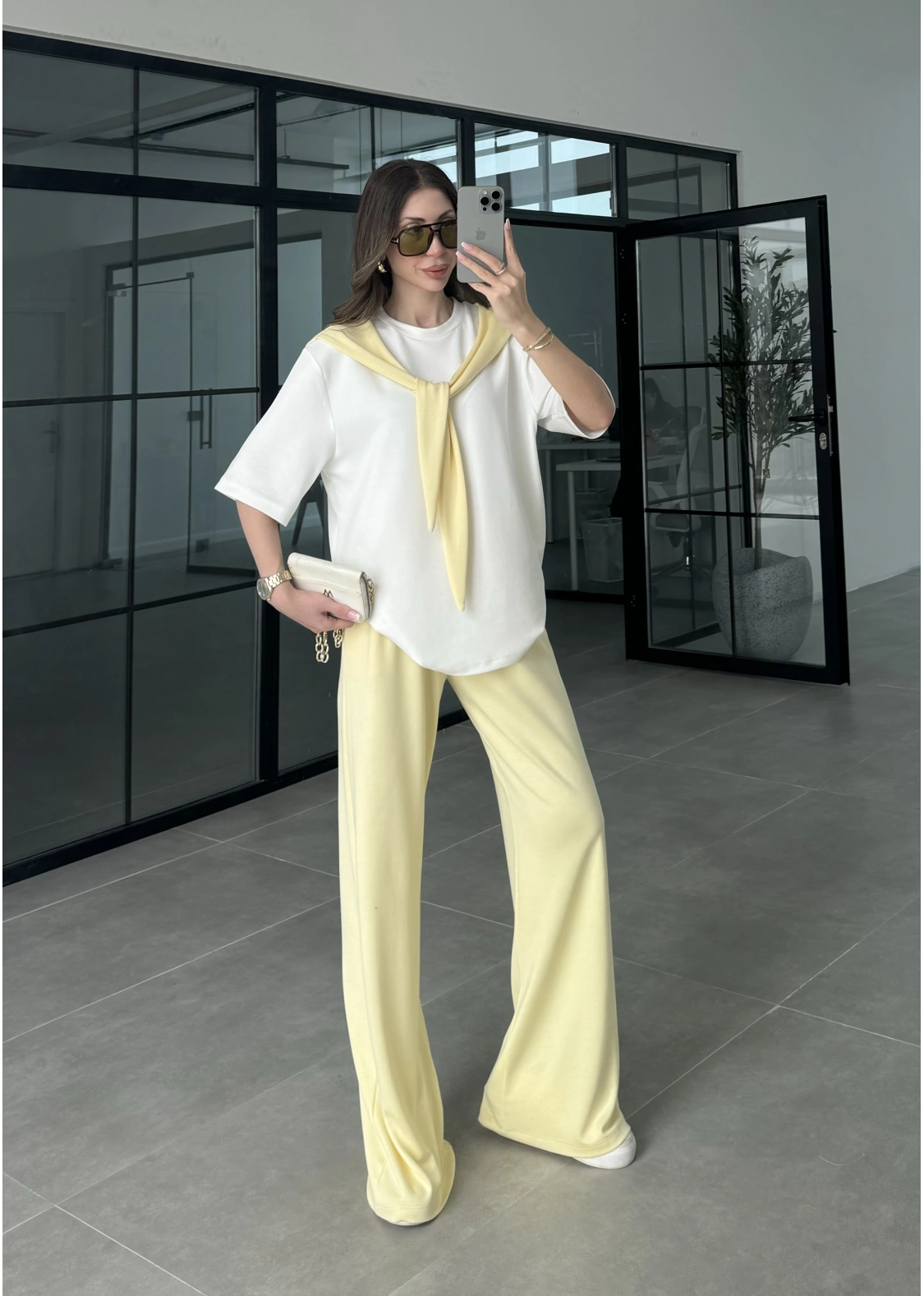 Oysh Kumaş Fular Detaylı Sarı Takım