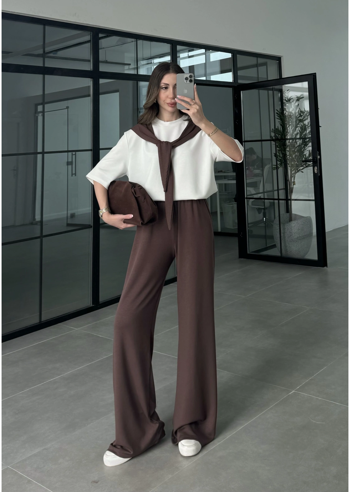 Oysh Kumaş Fular Detaylı Kahverengi Takım