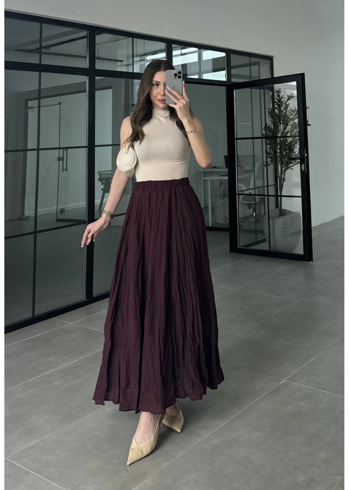 Vual Beli Lastikli Bordo Kraş Etek