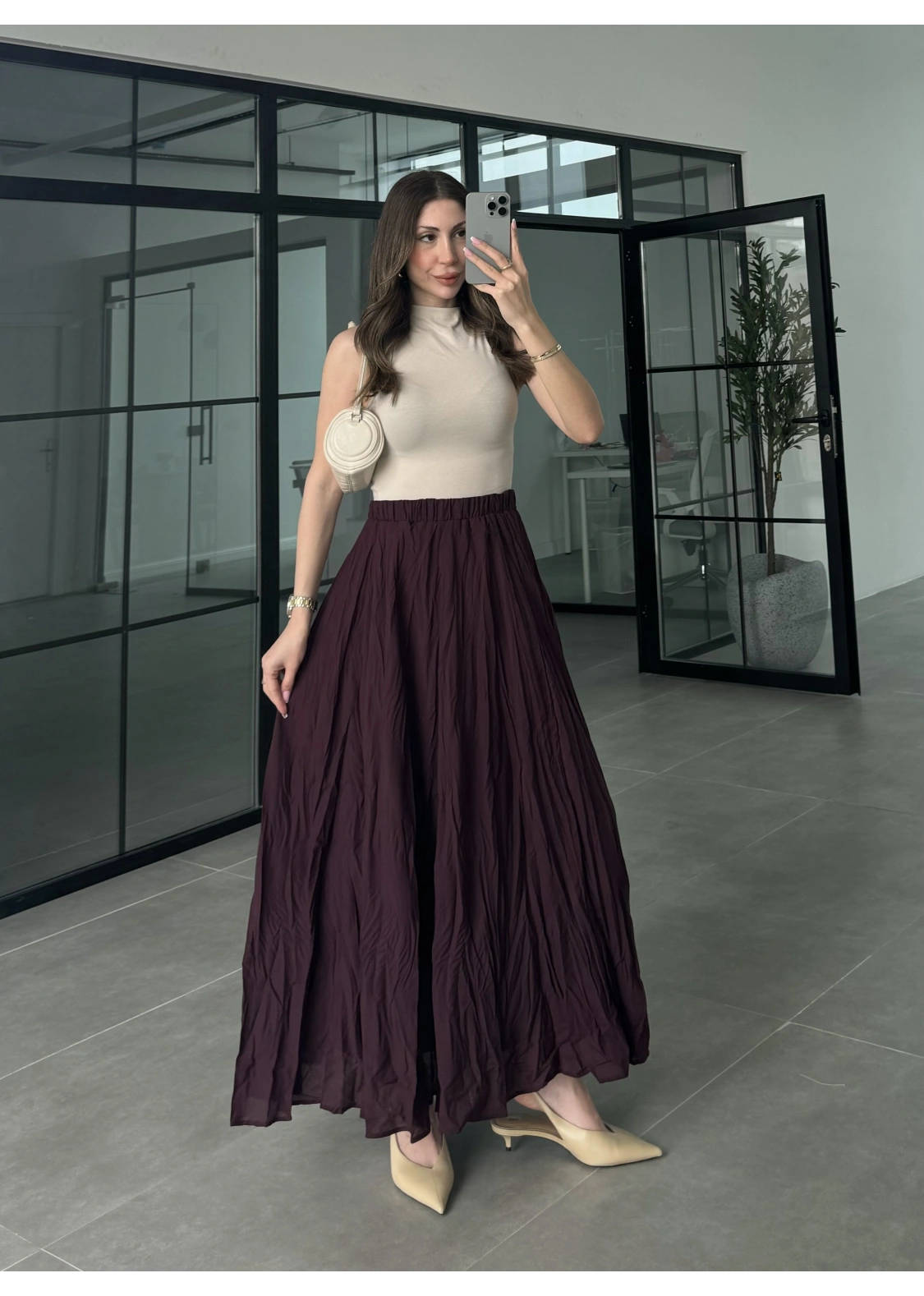 Vual Beli Lastikli Bordo Kraş Etek