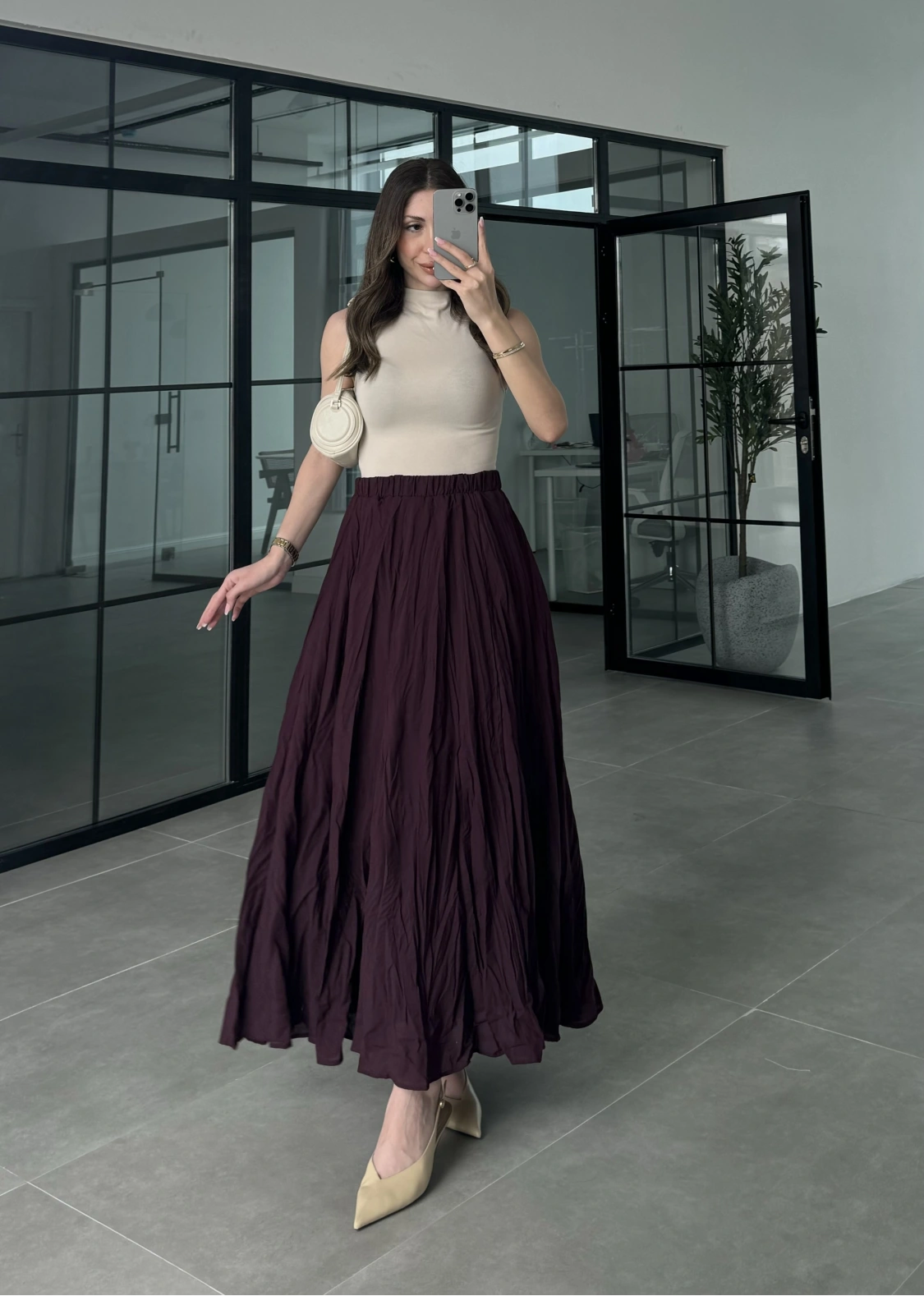 Vual Beli Lastikli Bordo Kraş Etek