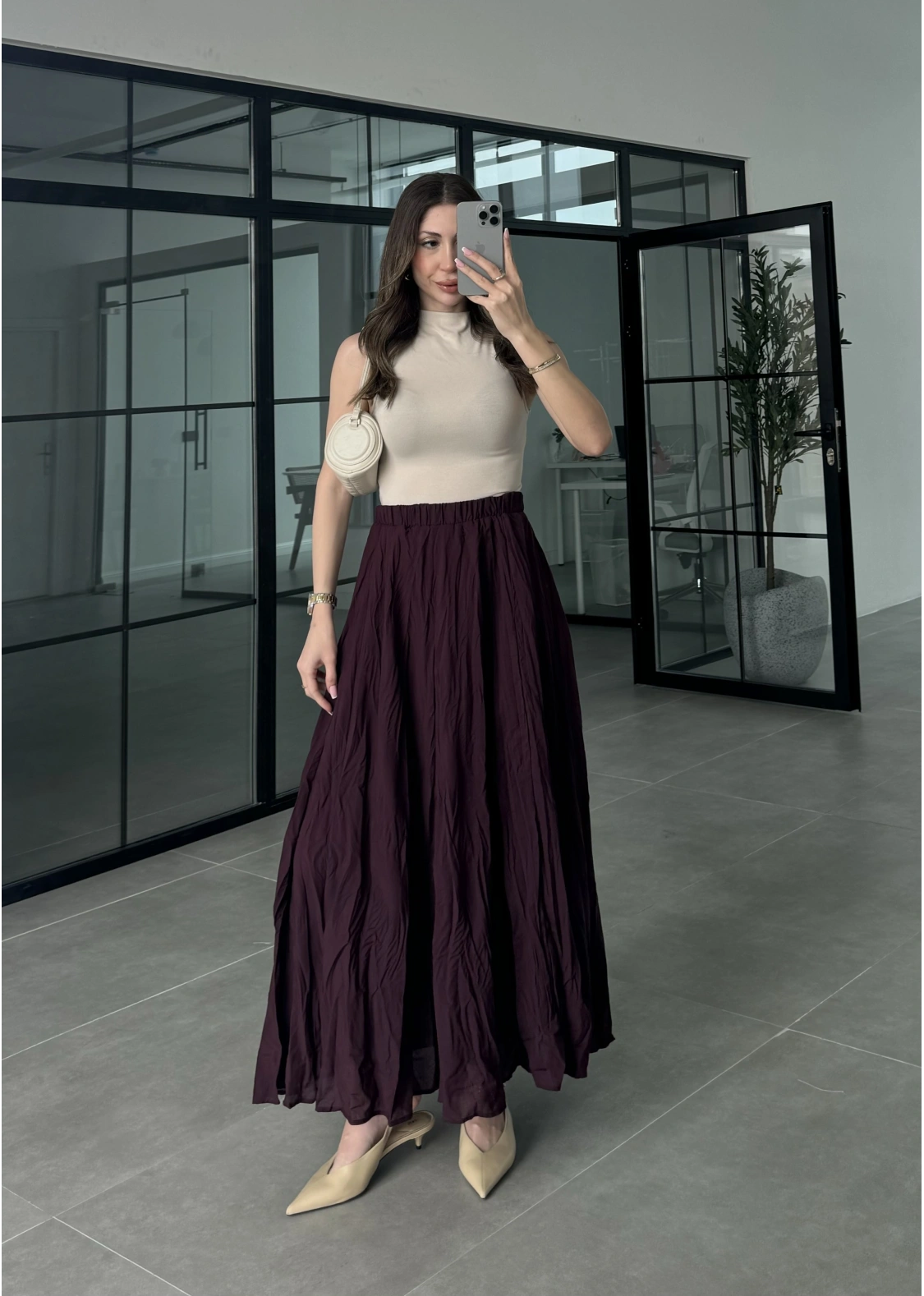 Vual Beli Lastikli Bordo Kraş Etek