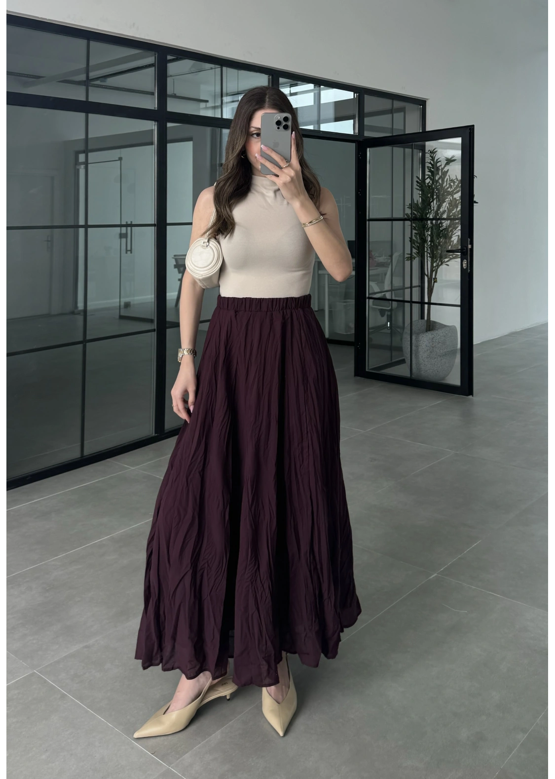 Vual Beli Lastikli Bordo Kraş Etek