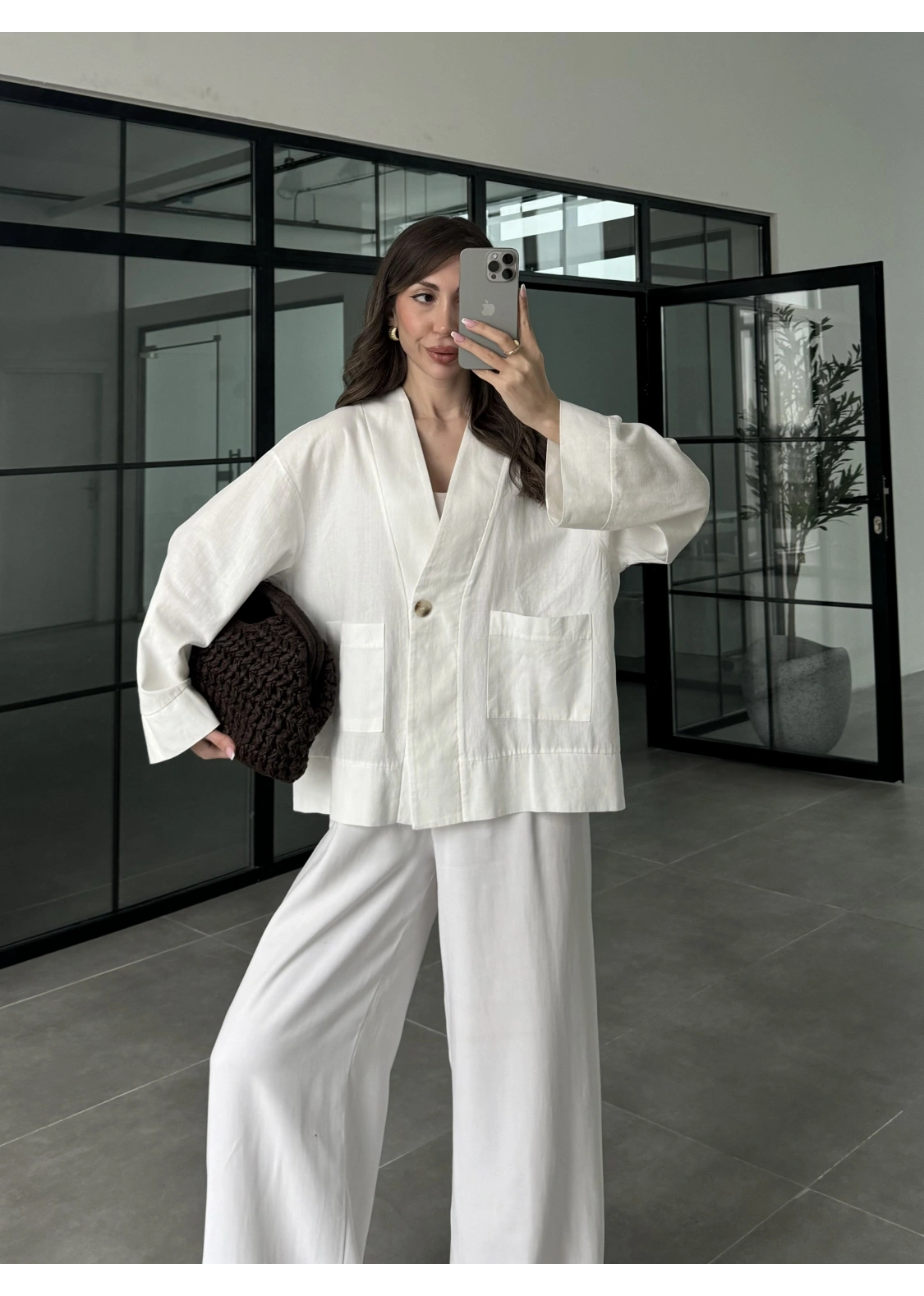 V Yaka Tek Düğme Keten Ekru Ceket