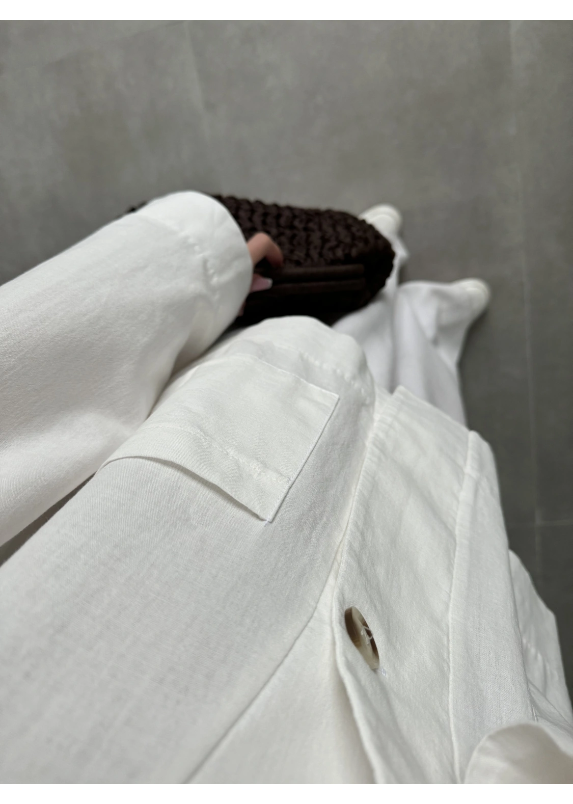 V Yaka Tek Düğme Keten Ekru Ceket