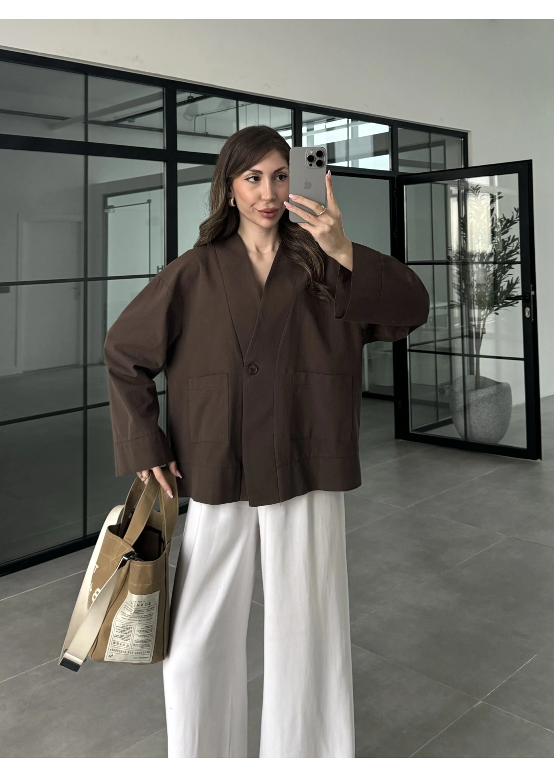 V Yaka Tek Düğme Keten Kahve Ceket