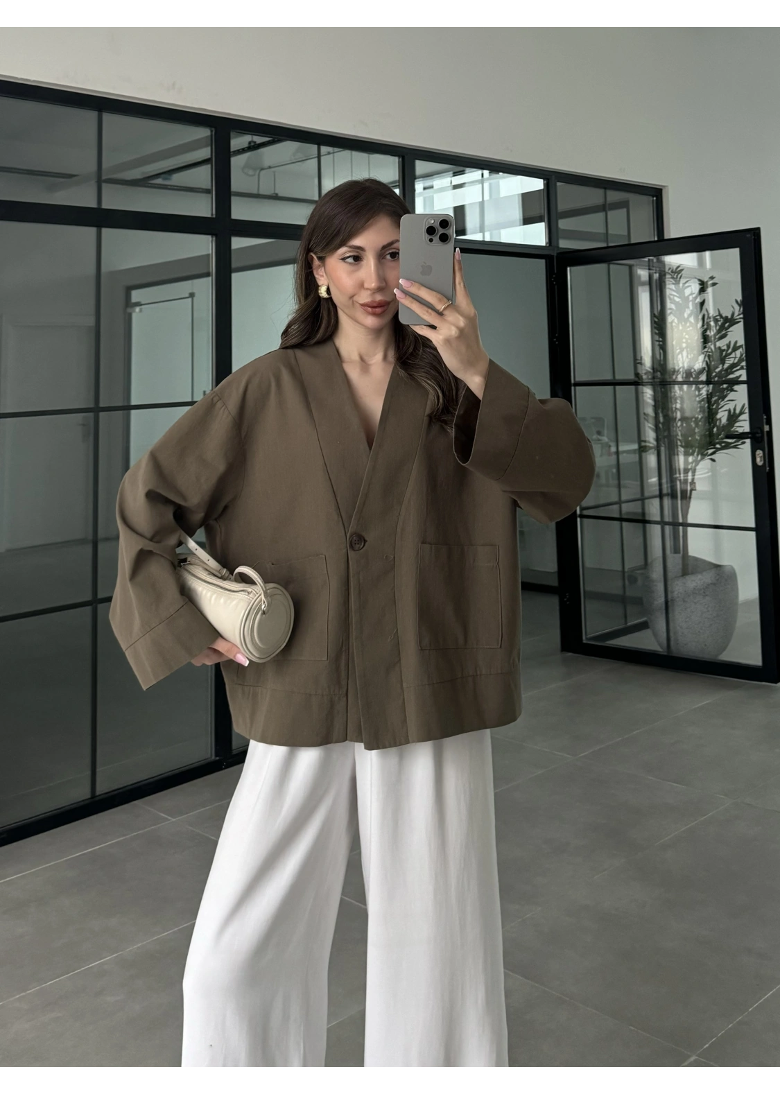 V Yaka Tek Düğme Keten Haki Ceket