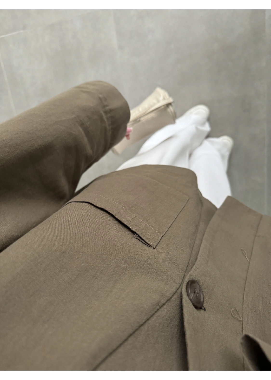 V Yaka Tek Düğme Keten Haki Ceket