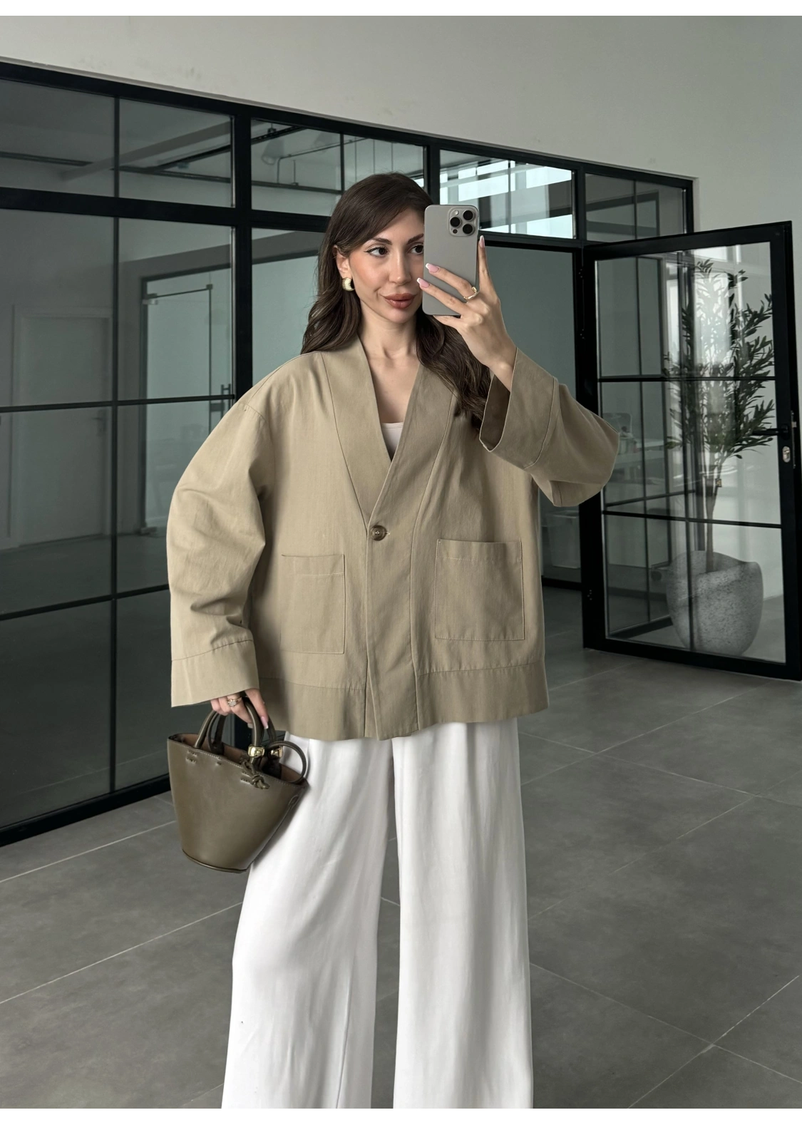 V Yaka Tek Düğme Keten Vizon Ceket