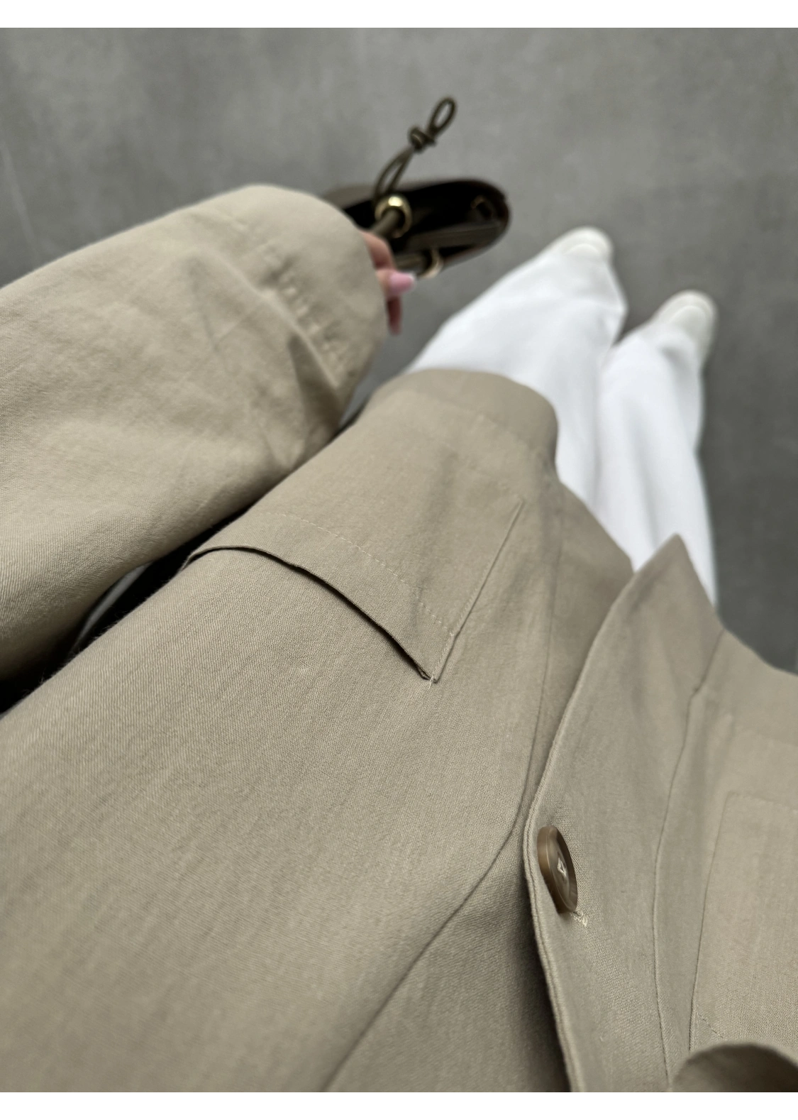 V Yaka Tek Düğme Keten Vizon Ceket