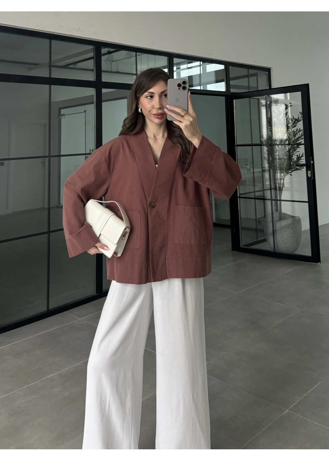 V Yaka Tek Düğme Keten Kiremit Ceket