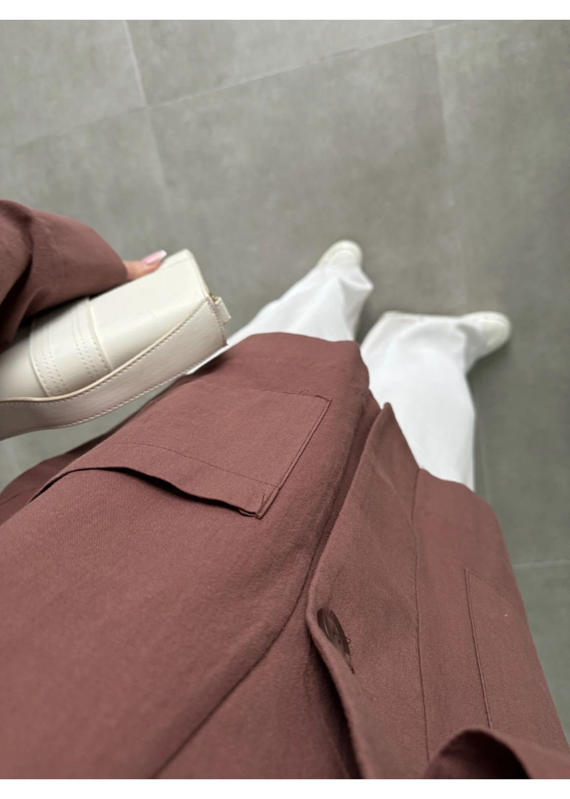 V Yaka Tek Düğme Keten Kiremit Ceket