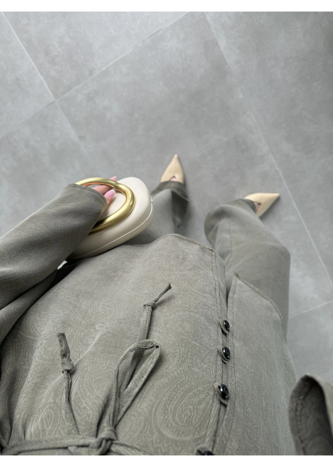 İthal Kumaş Düğme Detaylı Haki Kuşaklı Takım