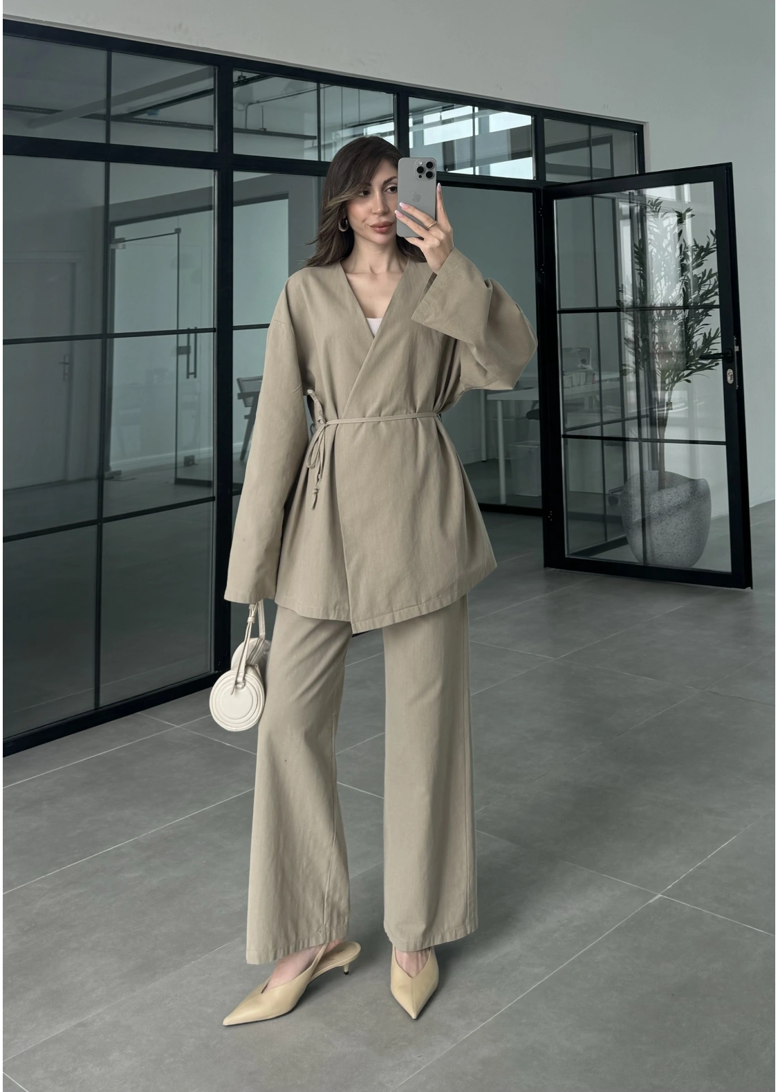 Ola Kuşaklı Keten Kimono Vizon Takım