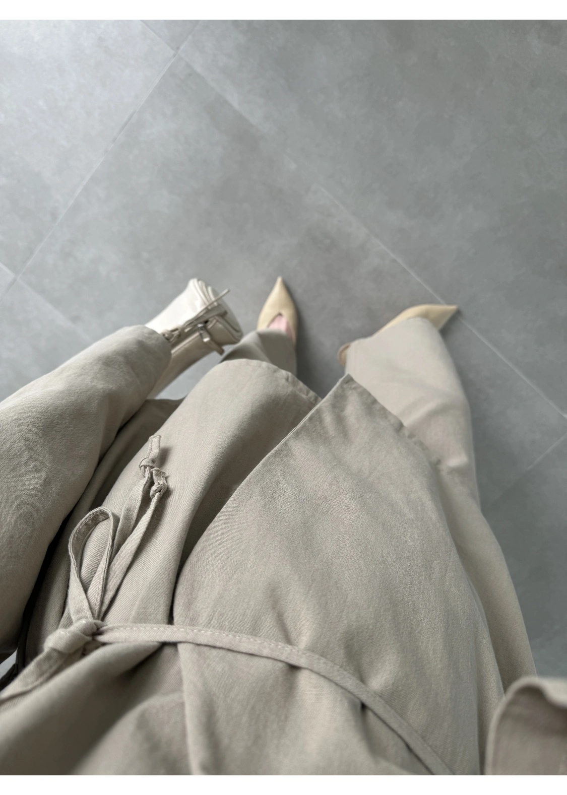 Ola Kuşaklı Keten Kimono Vizon Takım