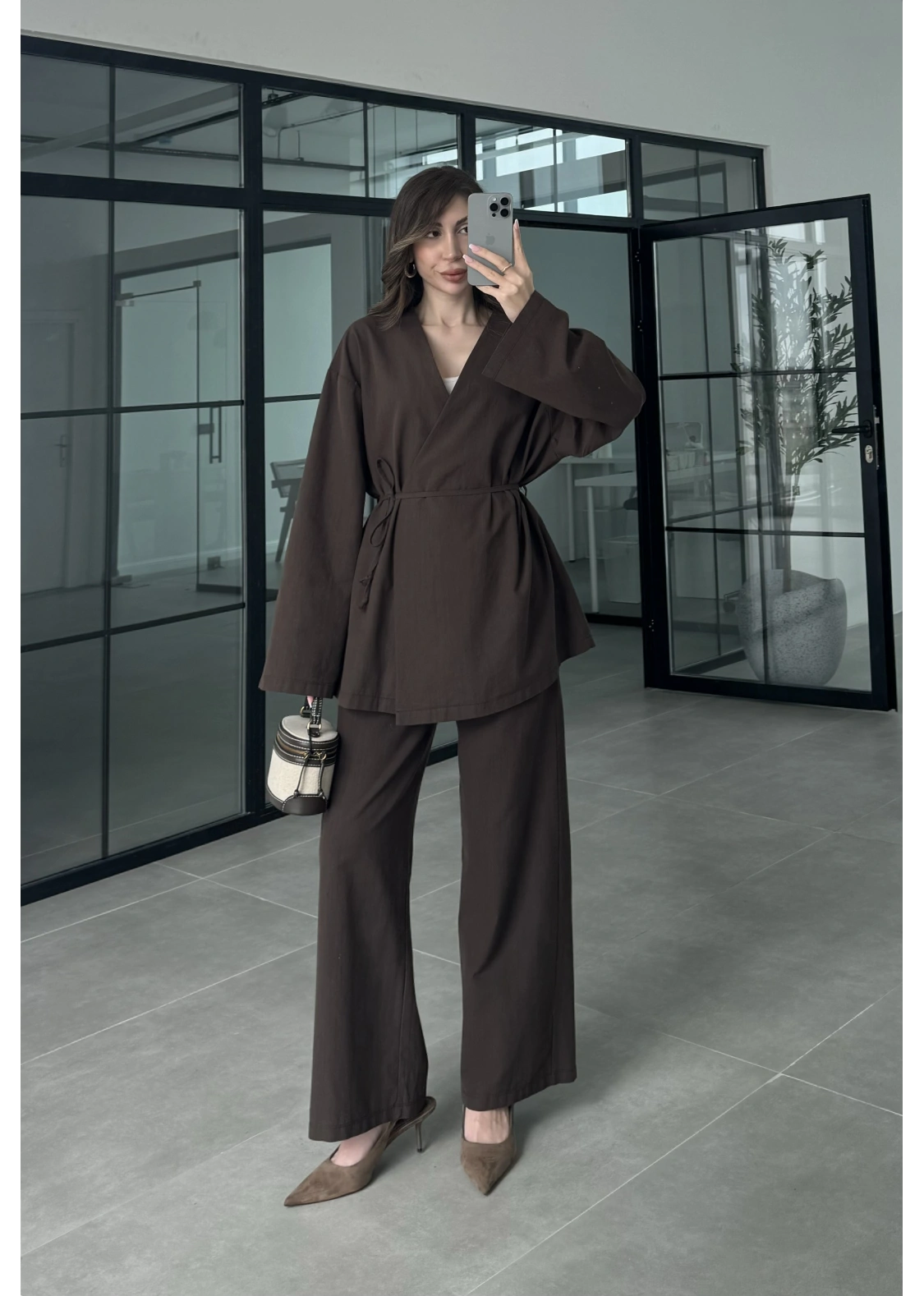 Ola Kuşaklı Keten Kimono Kahve Takım