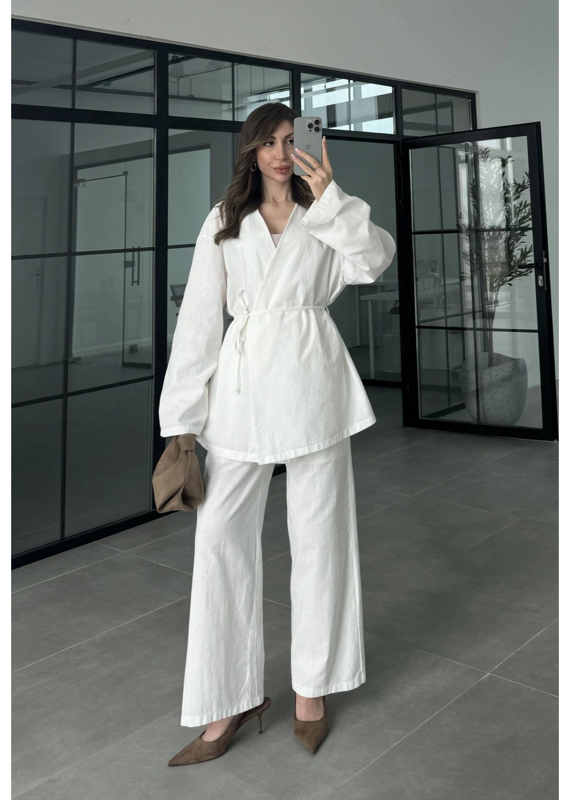 Ola Kuşaklı Keten Kimono Ekru Takım