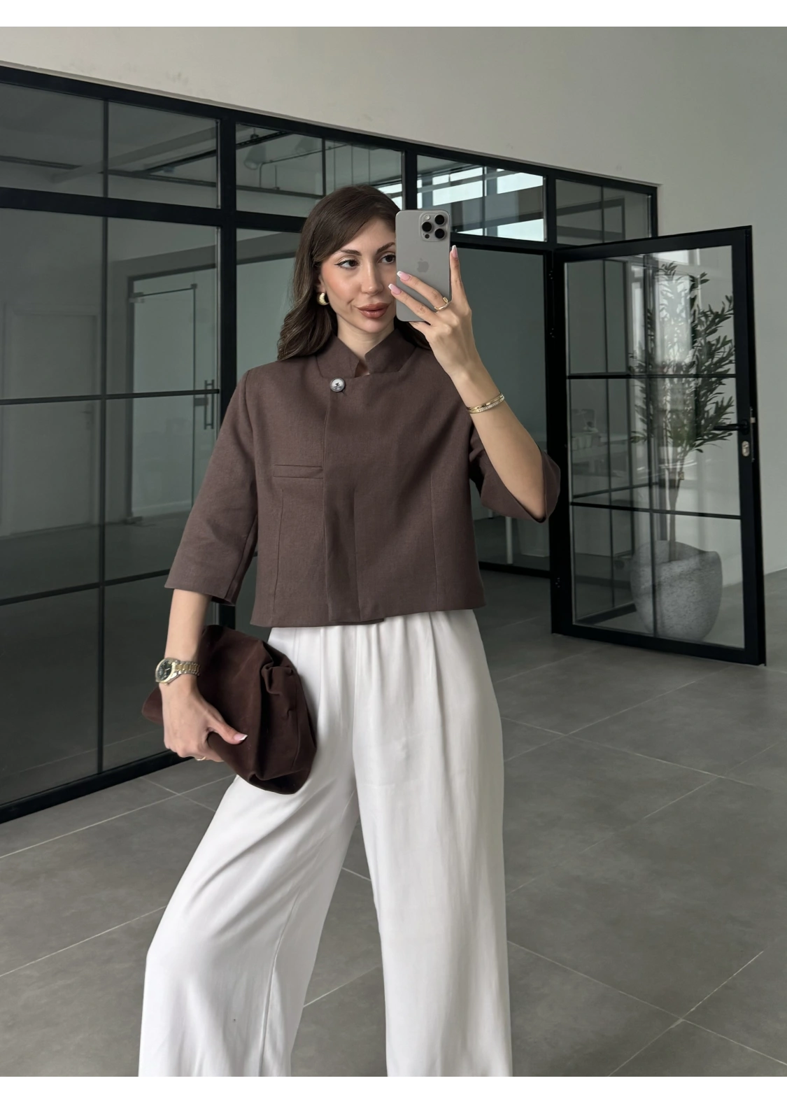 Astarlı Crop Kahve Keten Ceket