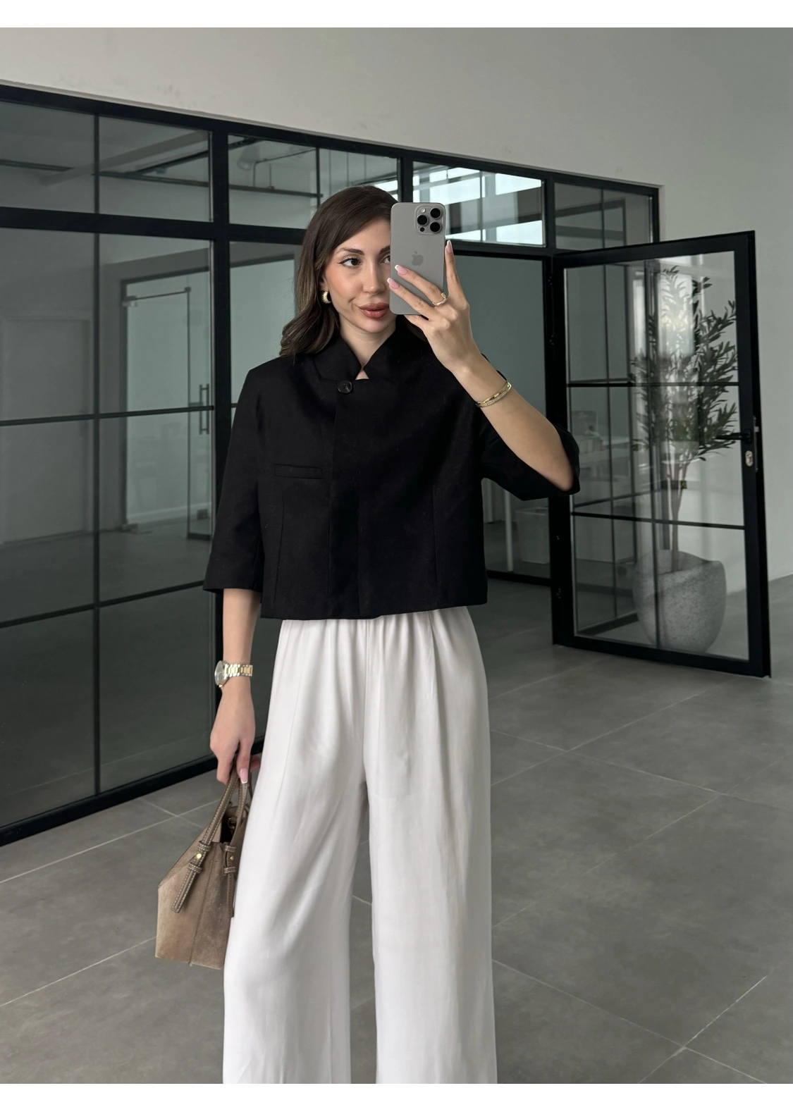 Astarlı Crop Siyah Keten Ceket