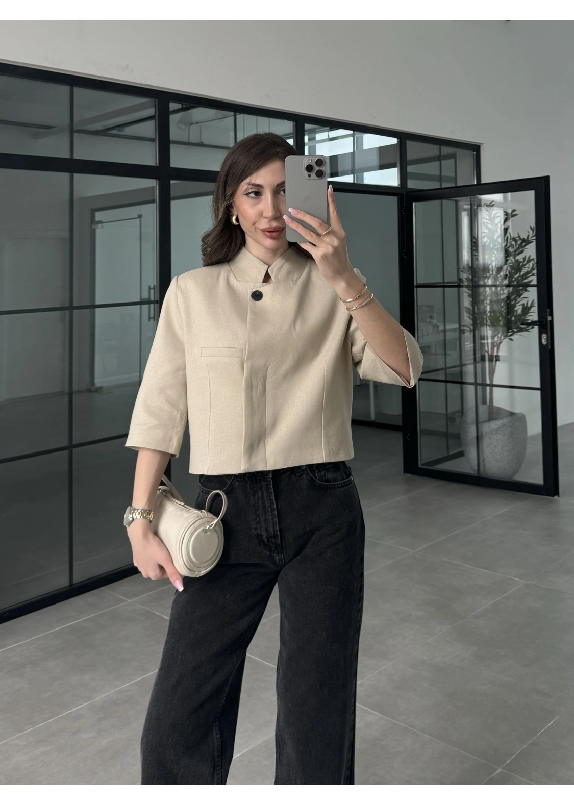 Astarlı Crop Taş Keten Ceket