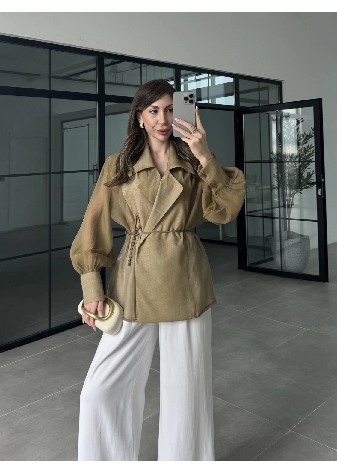 Kuşaklı Balonkol Olive Tül Bluz