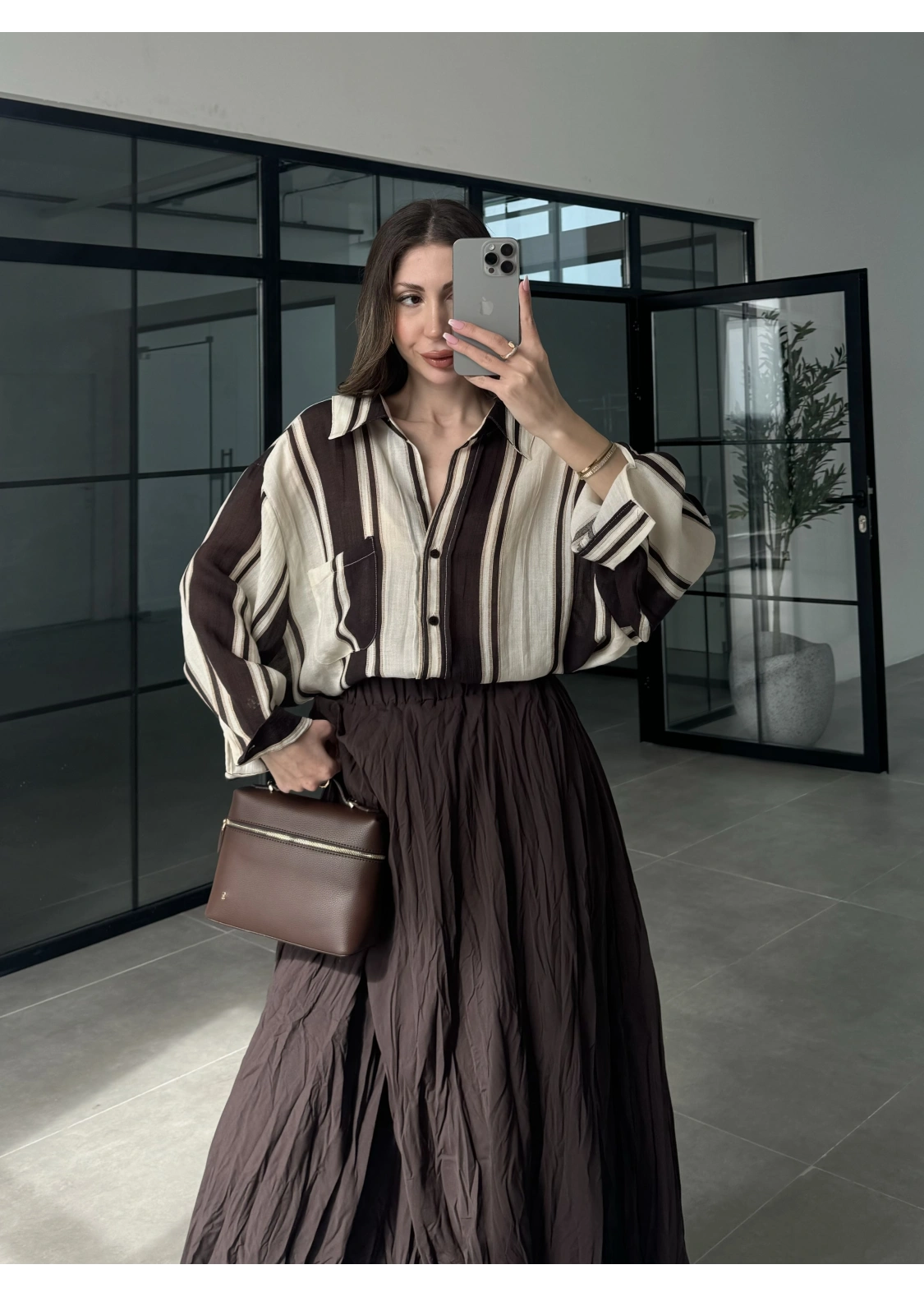 Çizgili Oversize Kahve Gömlek