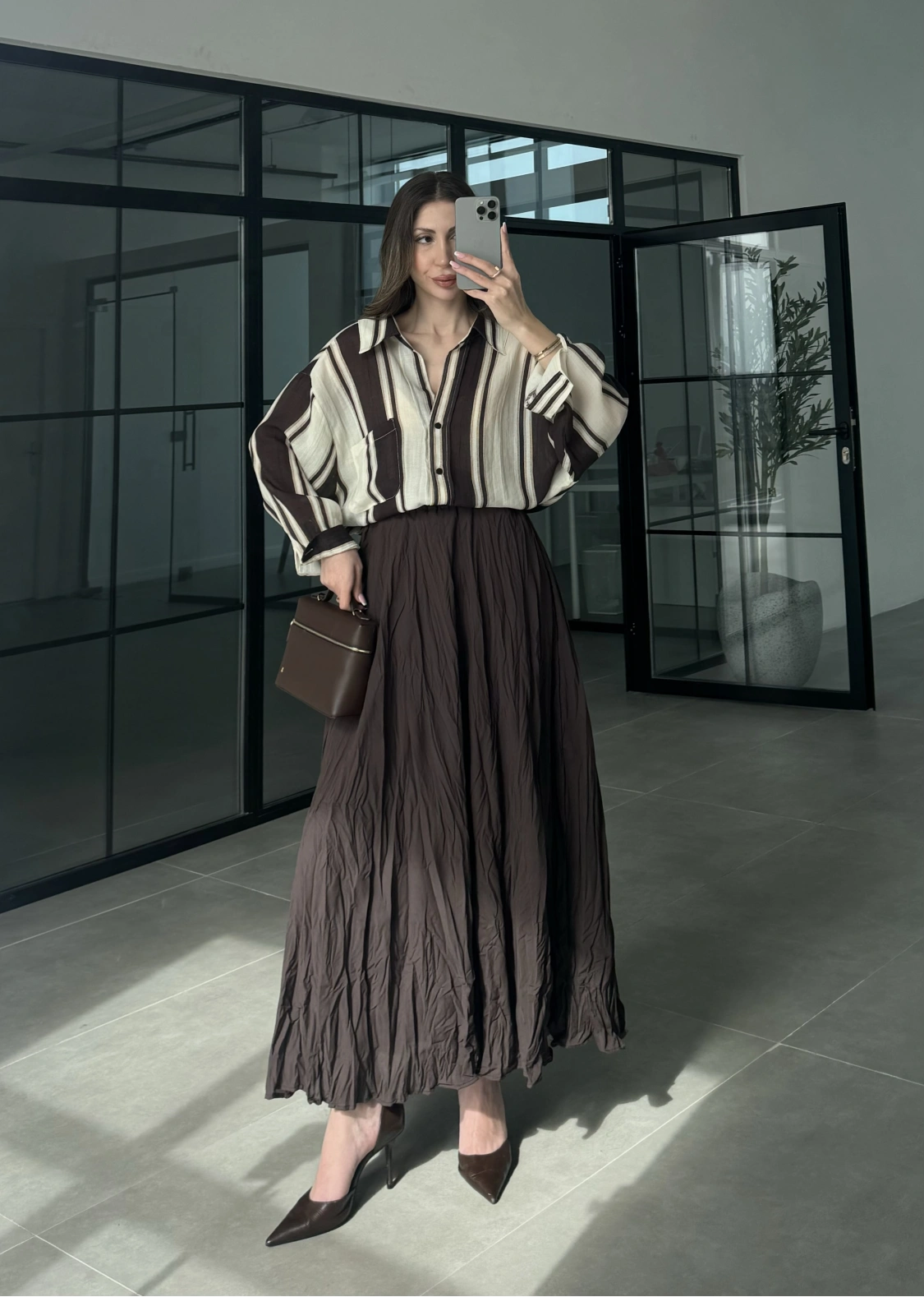 Çizgili Oversize Kahve Gömlek