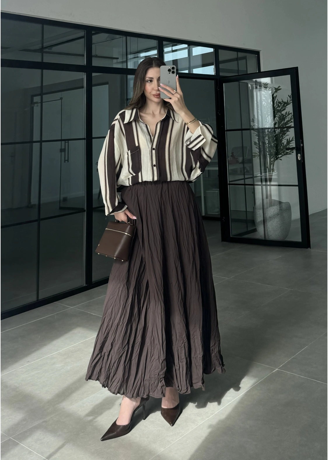 Çizgili Oversize Kahve Gömlek