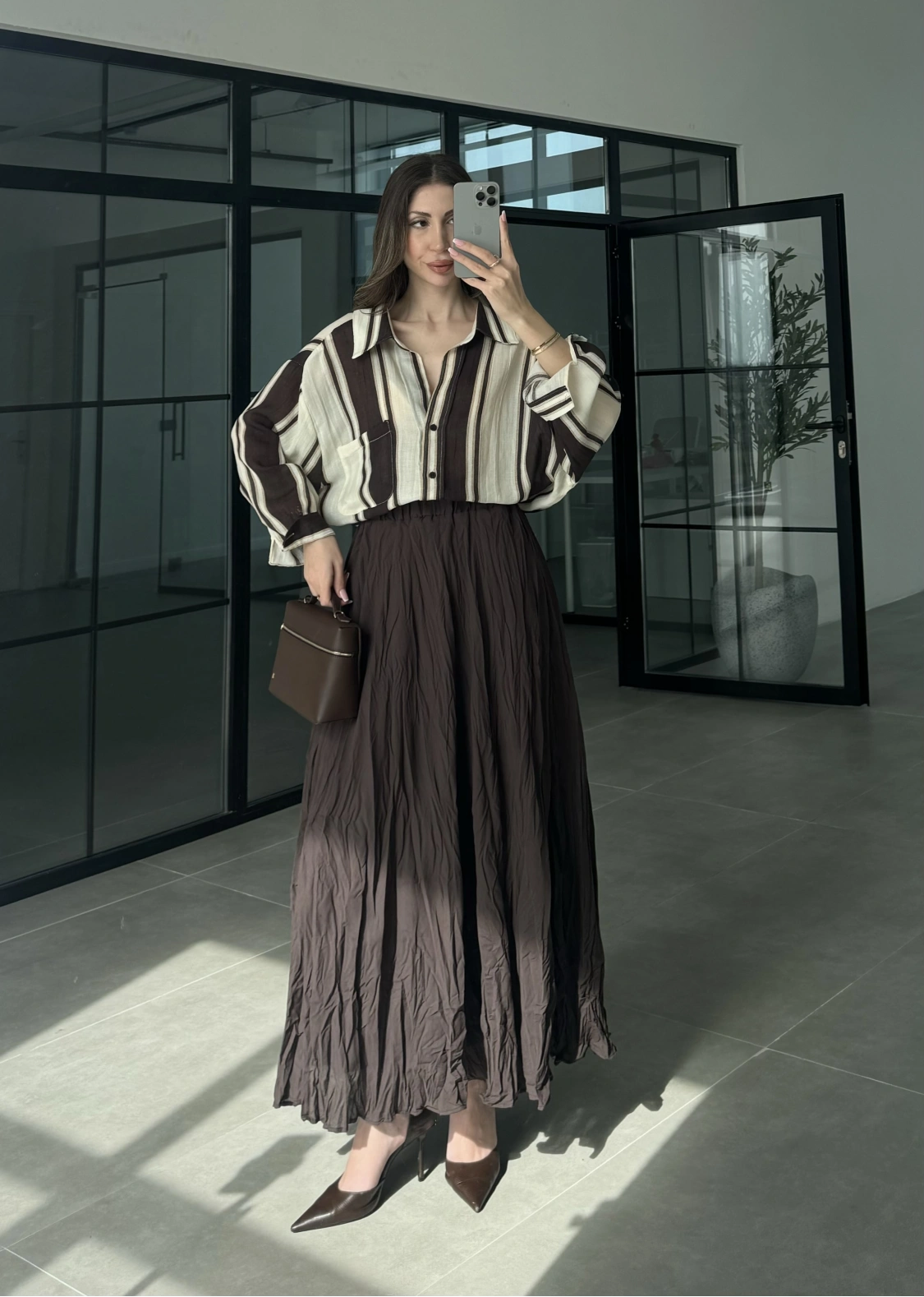 Çizgili Oversize Kahve Gömlek