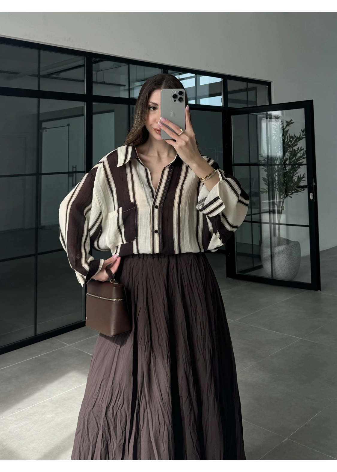 Çizgili Oversize Kahve Gömlek