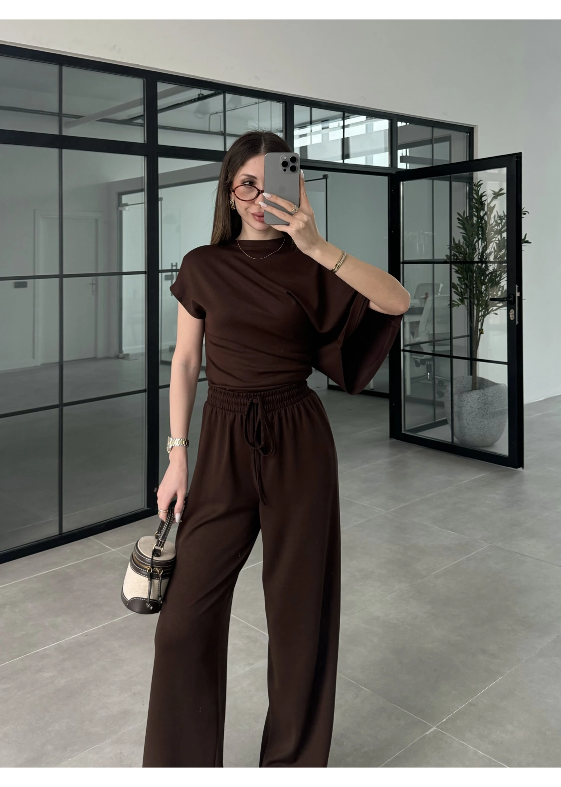 Zr Model Modal Kumaş Tek Kol Yarasa Kahve Büzgülü Takım