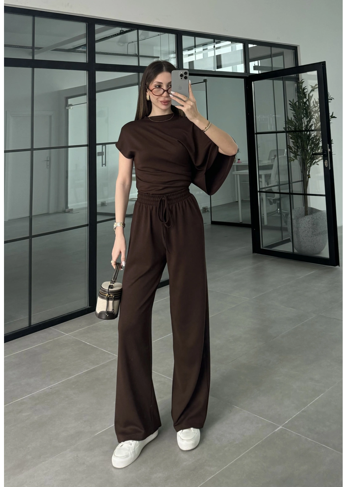 Zr Model Modal Kumaş Tek Kol Yarasa Kahve Büzgülü Takım