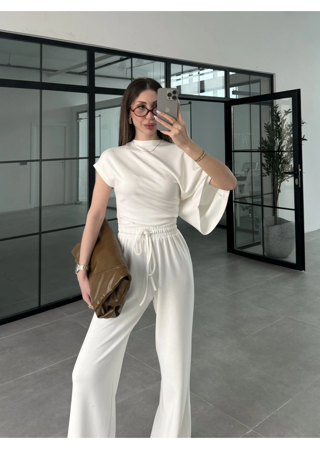 Zr Model Modal Kumaş Tek Kol Yarasa Beyaz Büzgülü Takım