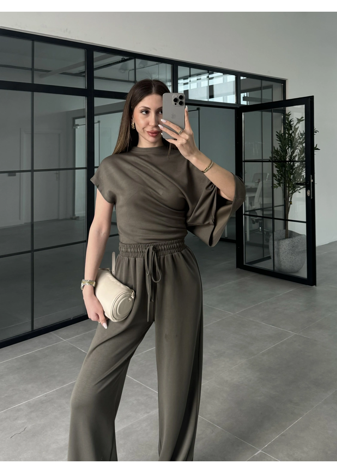Zr Model Modal Kumaş Tek Kol Yarasa Haki Büzgülü Takım