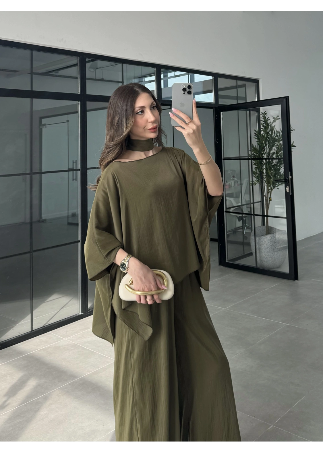 İthal Kumaş Şal Detaylı Haki Takım