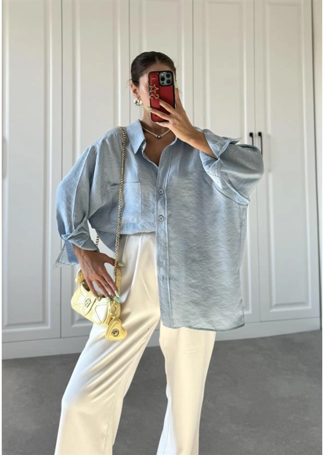 Açık Mavi Oversize Tensel Gömlek