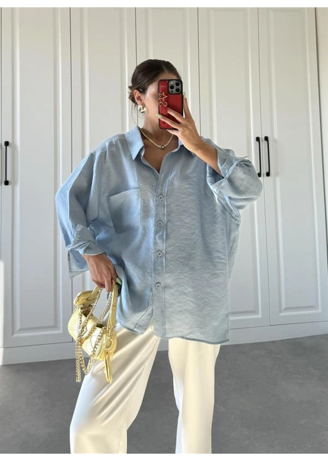 Açık Mavi Oversize Tensel Gömlek