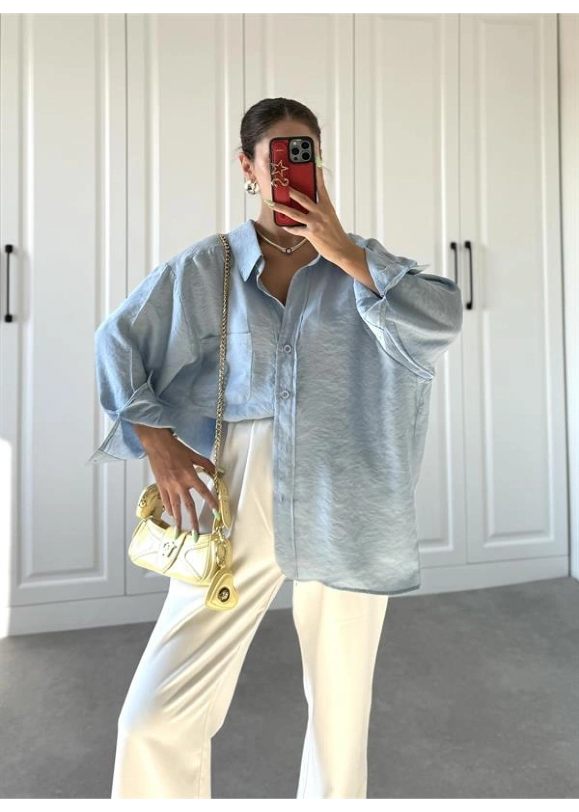 Açık Mavi Oversize Tensel Gömlek