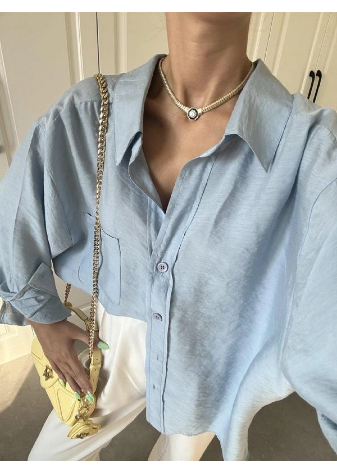 Açık Mavi Oversize Tensel Gömlek